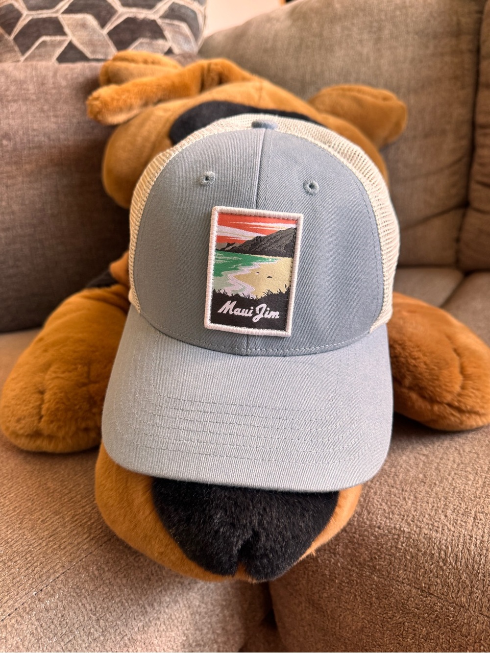 Maui Jim Sunset Patch Men's Trucker Hat Light Blue White Adjustable Mesh Back